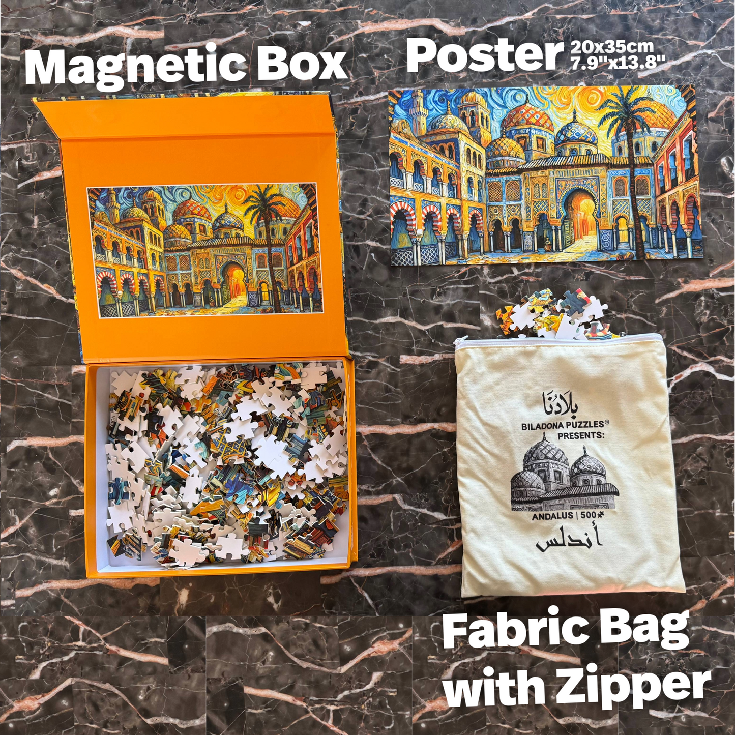 Andalusian Dreams: 500-Piece Puzzle - Van Gogh-Inspired Vibrant Moorish Architecture with Magnetic Box & Resealable Fabric Bag (Alhambra Impressions)