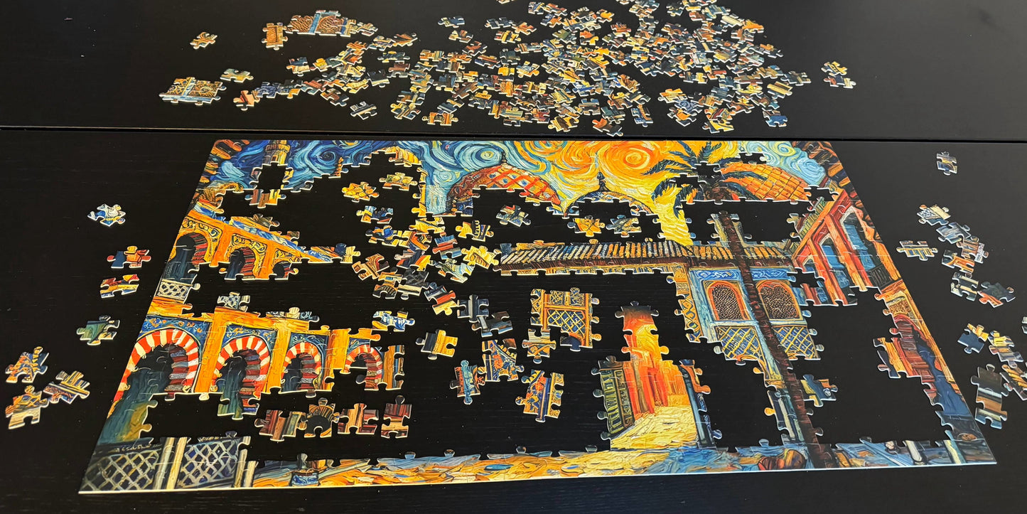 Andalusian Dreams: 500-Piece Puzzle - Van Gogh-Inspired Vibrant Moorish Architecture with Magnetic Box & Resealable Fabric Bag (Alhambra Impressions)